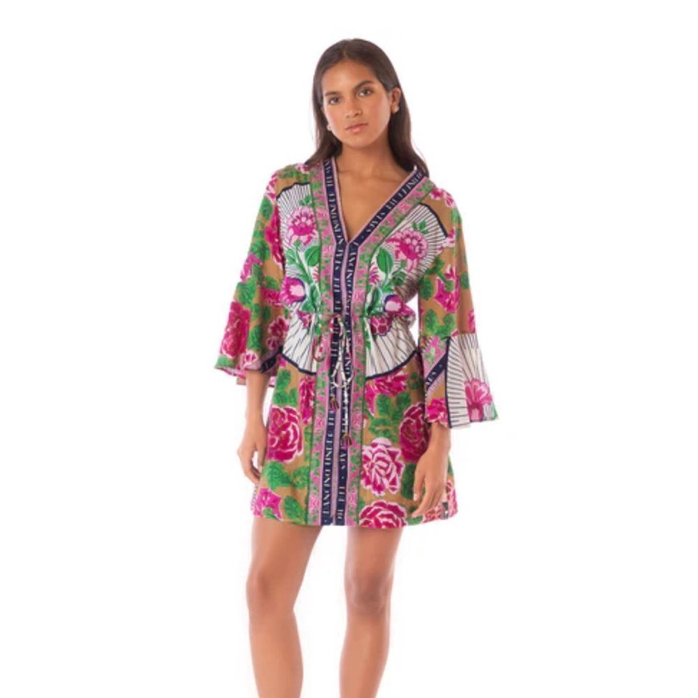 Maaji kaftan - v neck swim coverup with bold art deco floral print, print mixing
